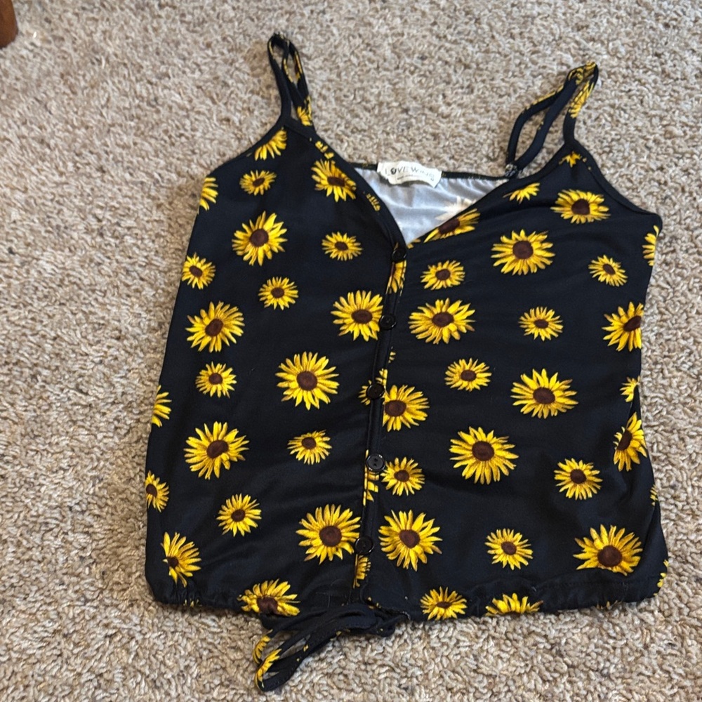 Yellow Sunflower Print Black Button-Front Cami Top